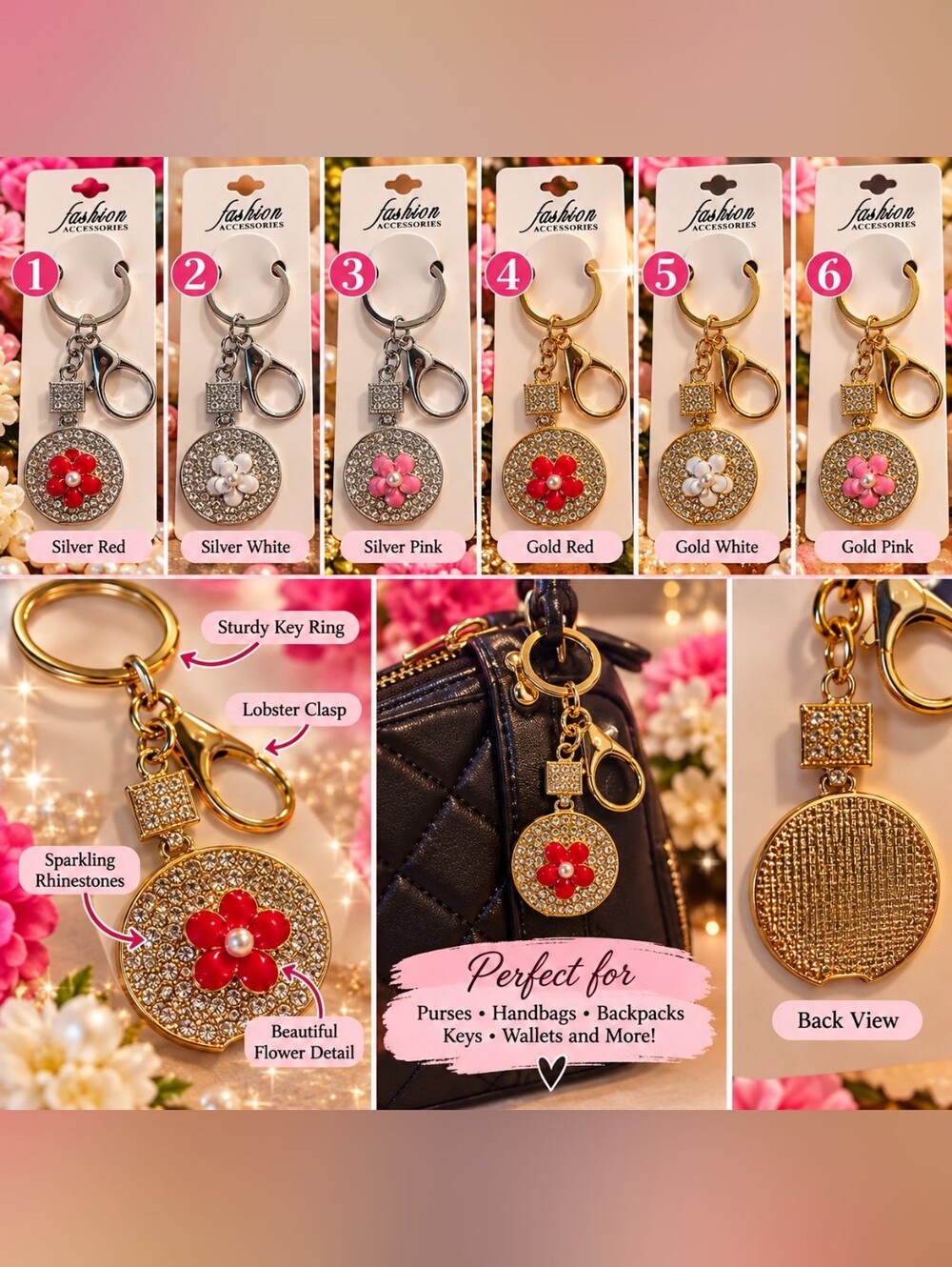 🌸 Sparkly Flower Key Purse Charms – Choose Your Favorite! 🌸